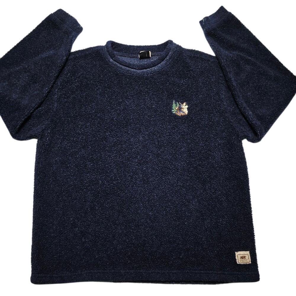 Vintage Habitat Blue Pullover Teddy Fleece Sweater Howling Wolf Medium 90's